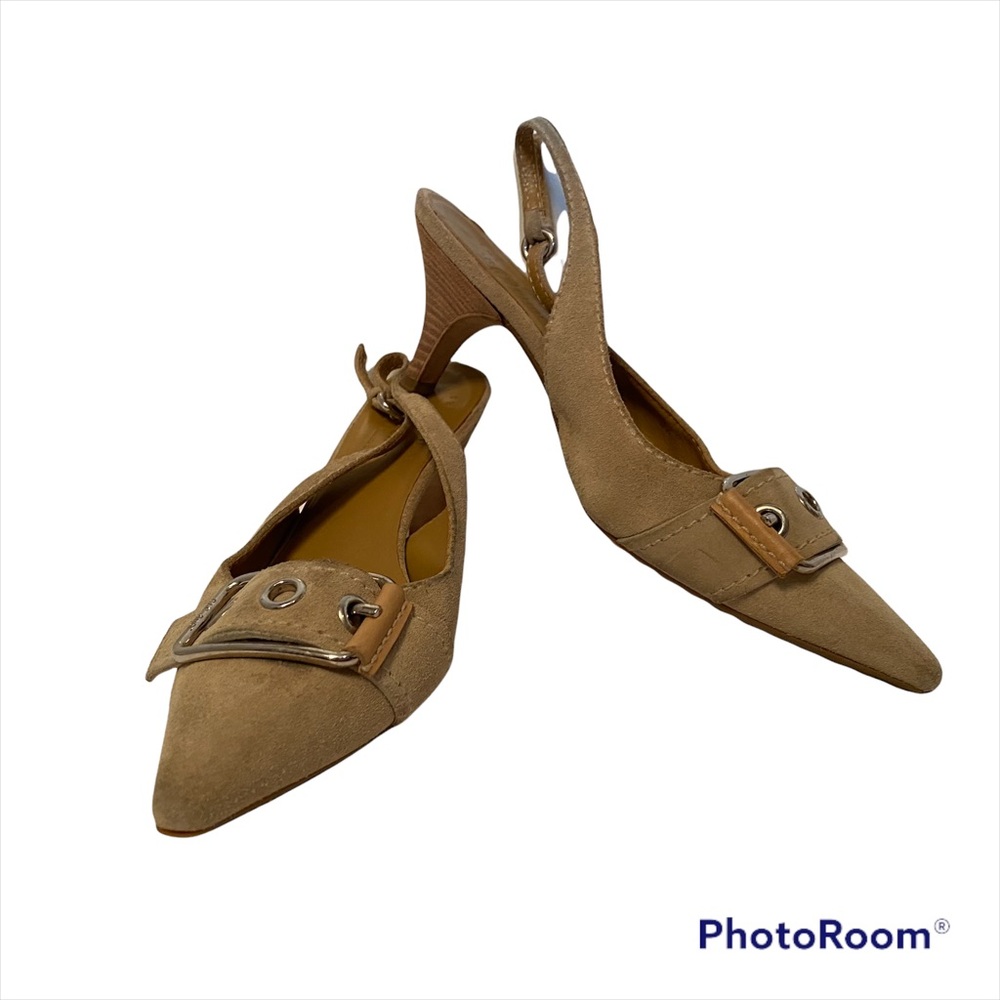 ORIGINAL CAR SHOE PRADA TAN SUEDE LEATHER HEELS SLINGBACK ITALY Size 36.5 6.5